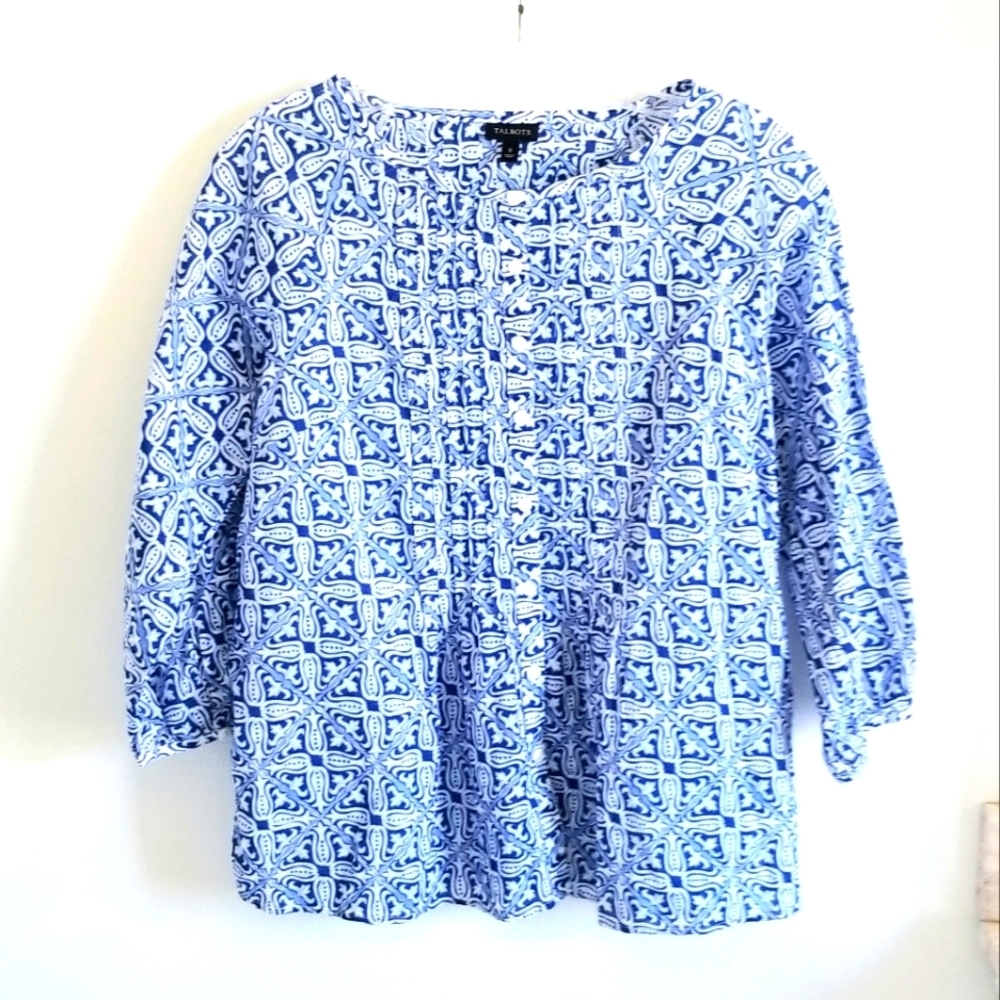 Talbots Cotton blue white Pullover blouse